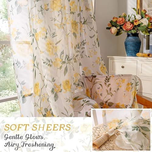 Lajode Floral Sheer Curtains 96 Inch 2 Panels Yellow