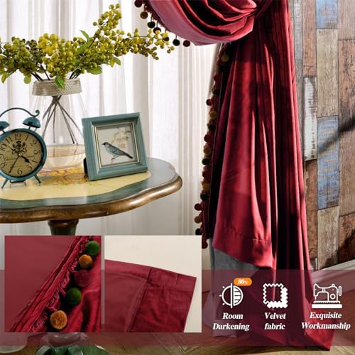 Melodieux Velvet Curtains with Pom Poms 52 x 96 Burgundy 2 Panels
