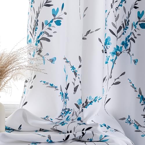 MYSKY HOME Floral Curtains 52x95 Teal 2Pcs Grommet Drapes