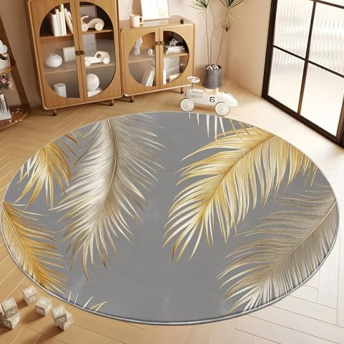 Washable 4ft Round Rug with Golden Palm Leaves and Feathers Print