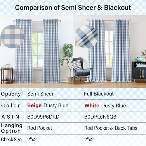 Bapawfish 90 Inch Buffalo Plaid Curtains 2 Panels Beige-Dusty Blue