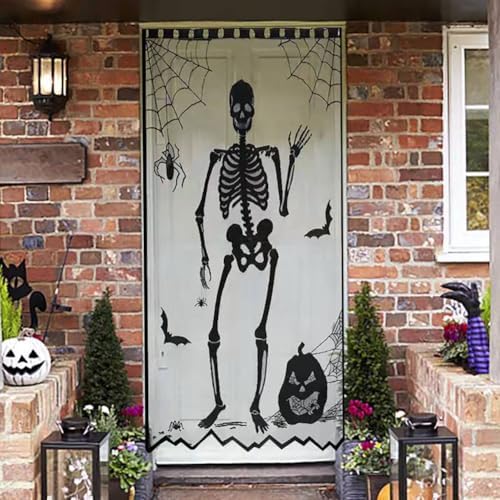 Halloween Black Lace Curtain with Skull and Witch Pattern