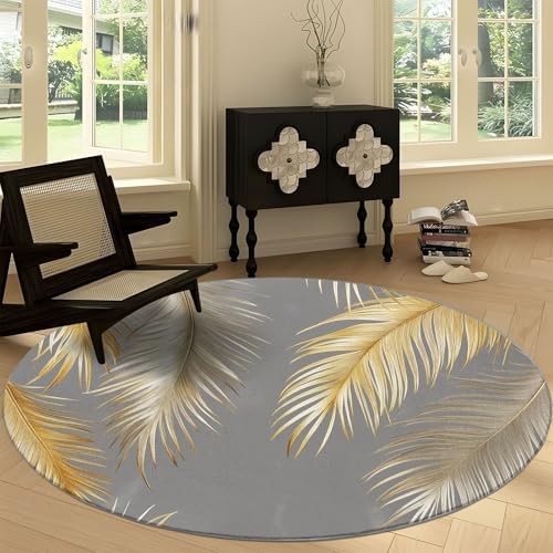 Washable 4ft Round Rug with Golden Palm Leaves and Feathers Print