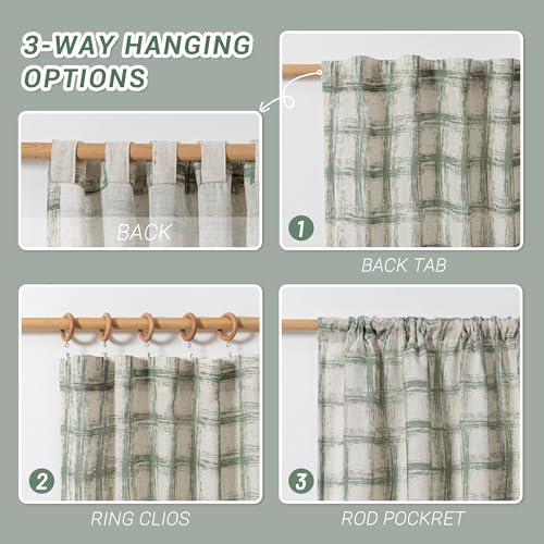 MYSKY HOME Sage Green Plaid Curtains 2 Panels