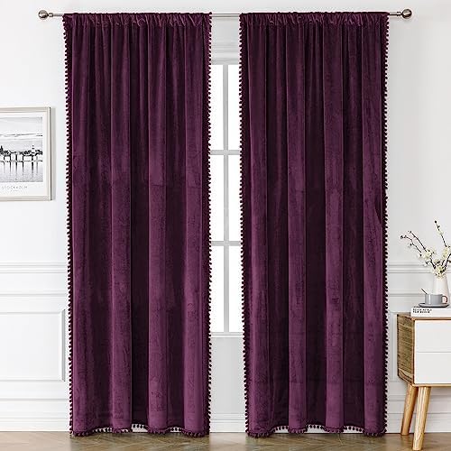 Victree Velvet Pom Pom Curtains 2 Panels Blackout