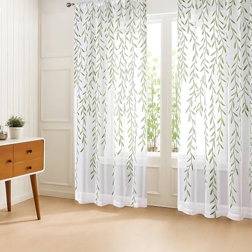 BROSHAN Green Leaf Sheer Curtains 2 Panels 96x52 Inch
