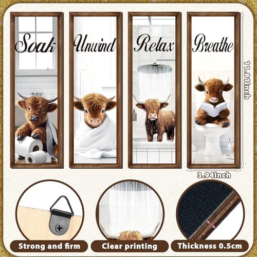 Honoson 4 Pcs Highland Cow Bathroom Decor Wall Art