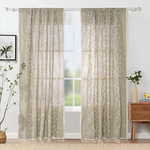 Schweek Boho Floral Linen Curtains 96 Inch Length 2 Panels