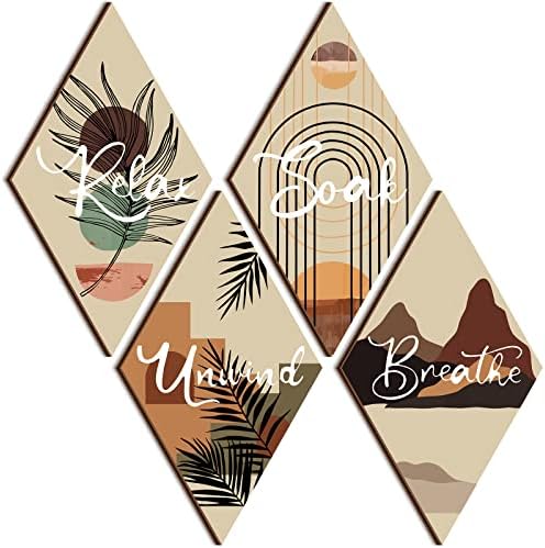 FairySandy 4 Pcs Rhombus Boho Bathroom Wall Art Decor