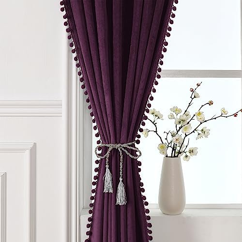 Victree Velvet Pom Pom Curtains 2 Panels Blackout