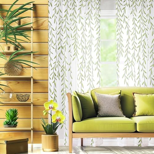 BROSHAN Green Leaf Sheer Curtains 2 Panels 96x52 Inch