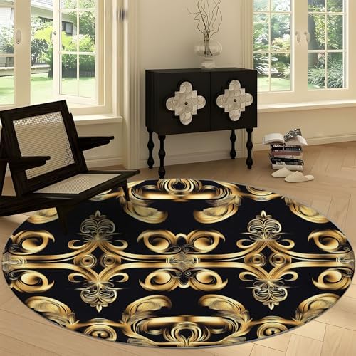 4ft Round Faux Wool Area Rug with Greek Pattern