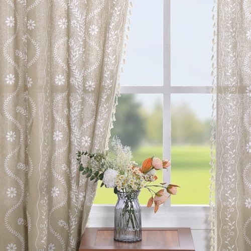 Schweek Boho Floral Linen Curtains 96 Inch Length 2 Panels