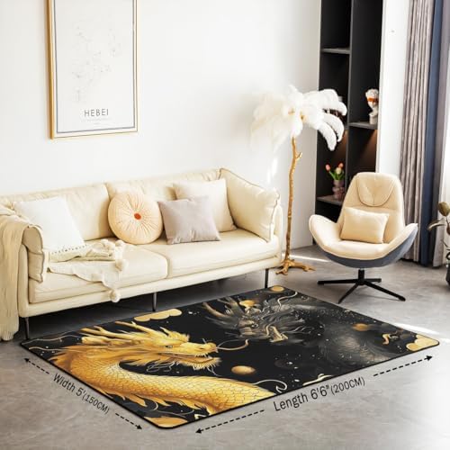 Feelyou Dragon Area Rug 5x7 Gold Black Traditional Decor
