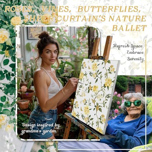 Lajode Floral Sheer Curtains 96 Inch 2 Panels Yellow