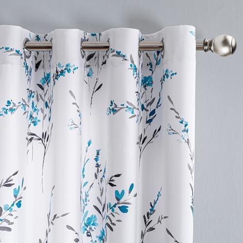 MYSKY HOME Floral Curtains 52x95 Teal 2Pcs Grommet Drapes