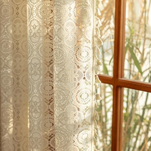 Kotile Boho Lace Curtain with Tassels 96 Inches Long