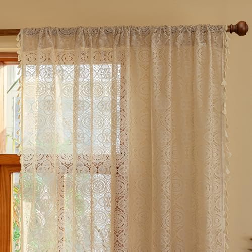 Kotile Boho Lace Curtain with Tassels 96 Inches Long