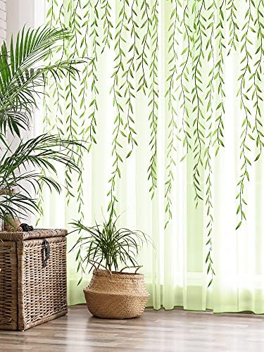 Breling Green Leaf Sheer Curtains 2 Piece Set