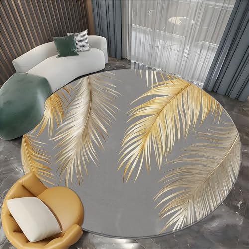 Washable 4ft Round Rug with Golden Palm Leaves and Feathers Print