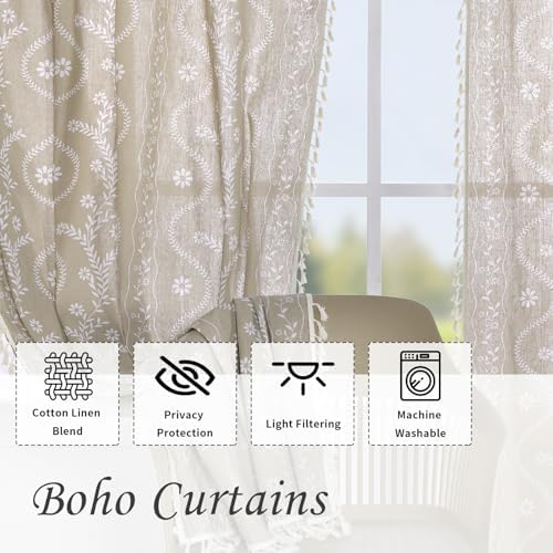 Schweek Boho Floral Linen Curtains 96 Inch Length 2 Panels