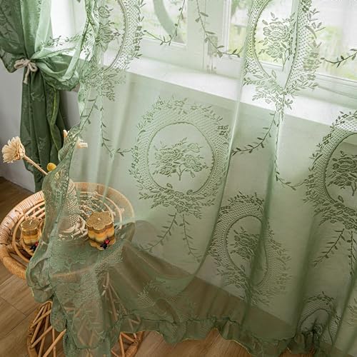Sutuo Home Olive Green Lace Curtains 90 Inches Long 2 Panels Set