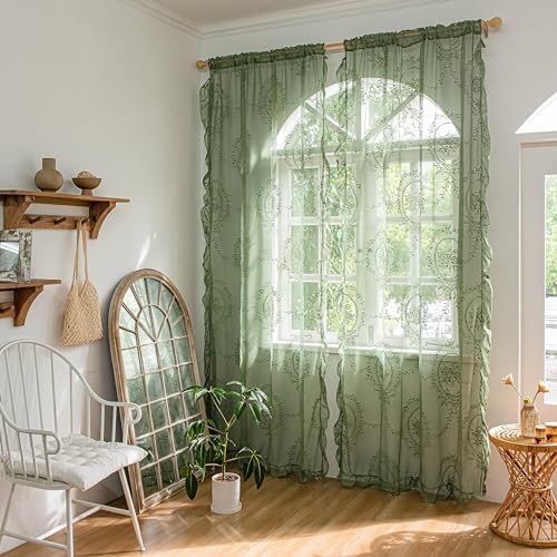 Sutuo Home Olive Green Lace Curtains 90 Inches Long 2 Panels Set