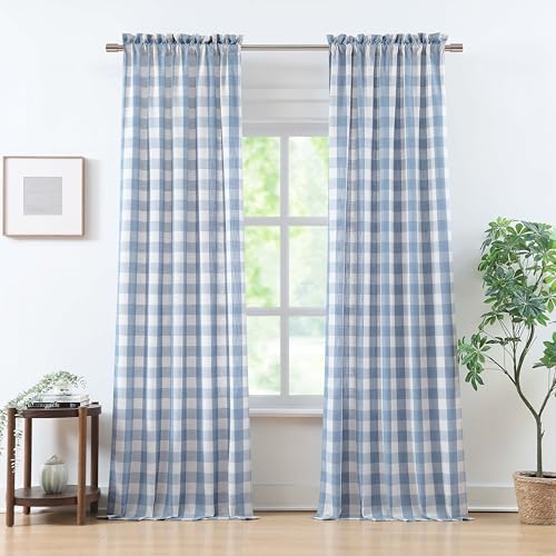 Bapawfish 90 Inch Buffalo Plaid Curtains 2 Panels Beige-Dusty Blue