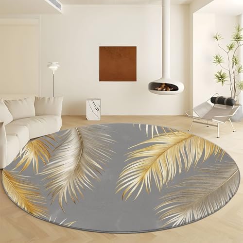 Washable 4ft Round Rug with Golden Palm Leaves and Feathers Print