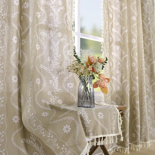 Schweek Boho Floral Linen Curtains 96 Inch Length 2 Panels