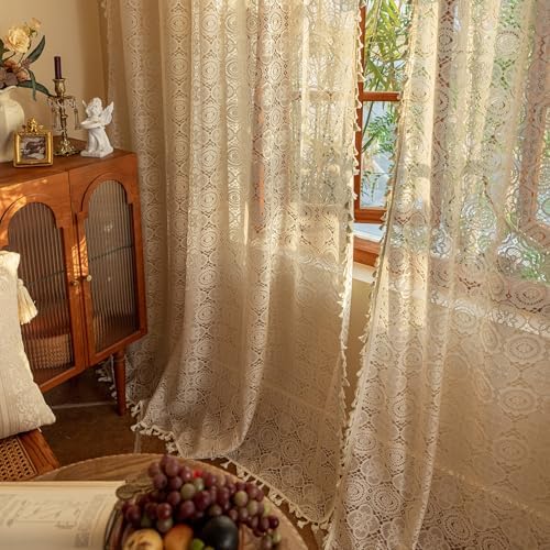 Kotile Boho Lace Curtain with Tassels 96 Inches Long