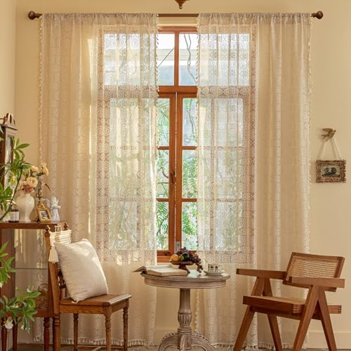 Kotile Boho Lace Curtain with Tassels 96 Inches Long