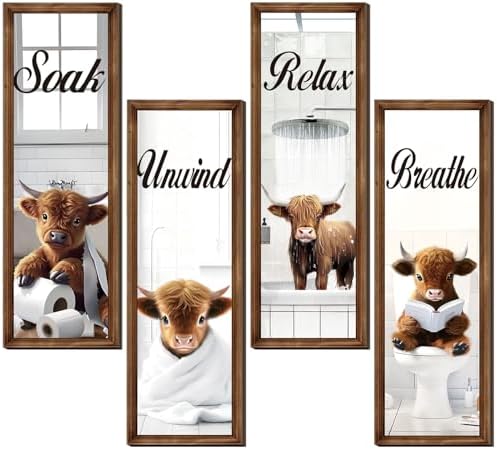 Honoson 4 Pcs Highland Cow Bathroom Decor Wall Art