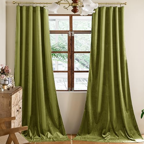 YOFUN Olive Green Velvet Curtains 96 Inch 2 Panels