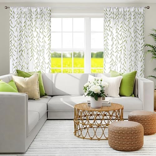 BROSHAN Green Leaf Sheer Curtains 2 Panels 96x52 Inch