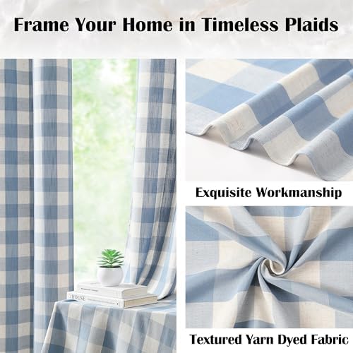 Bapawfish 90 Inch Buffalo Plaid Curtains 2 Panels Beige-Dusty Blue