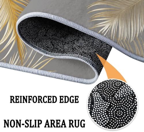 Washable 4ft Round Rug with Golden Palm Leaves and Feathers Print
