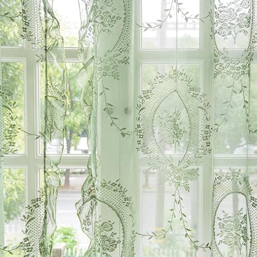 Sutuo Home Olive Green Lace Curtains 90 Inches Long 2 Panels Set