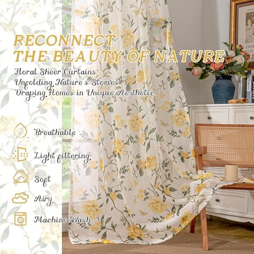 Lajode Floral Sheer Curtains 96 Inch 2 Panels Yellow