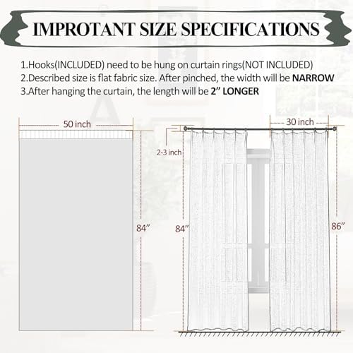 Ftinala Sheer Linen Curtains 2 Panels Set 96 Inches Long