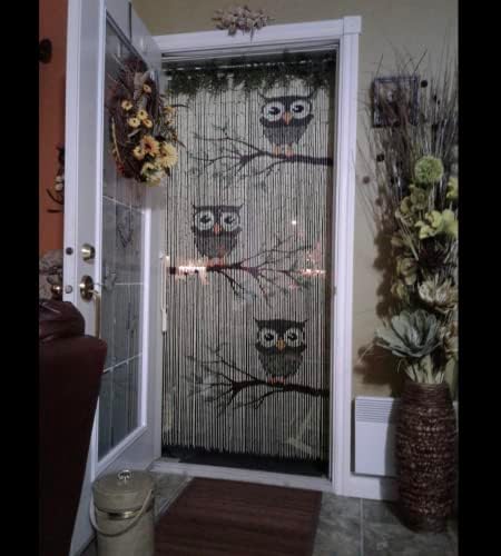 Natural Wood Beaded Curtain with Owl Design 1