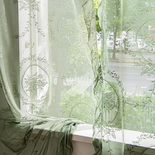 Sutuo Home Olive Green Lace Curtains 90 Inches Long 2 Panels Set