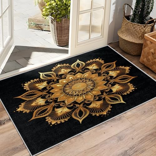 Zoainuos Mandala Throw Rug 2x3 Black Gold