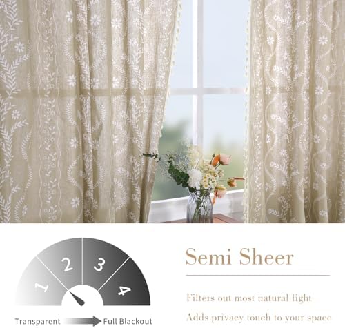 Schweek Boho Floral Linen Curtains 96 Inch Length 2 Panels