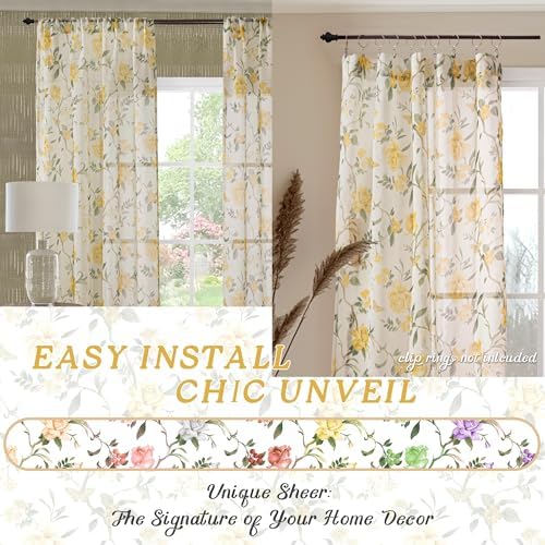 Lajode Floral Sheer Curtains 96 Inch 2 Panels Yellow