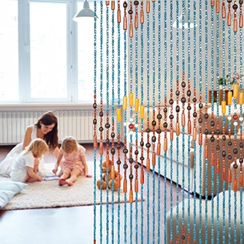 Boho Bamboo Beaded Curtain 355 x 75 Inches Blue