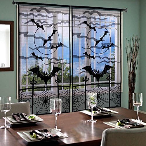 AerWo Halloween Curtains 2PCS Black Lace Bat Spiderweb Panels