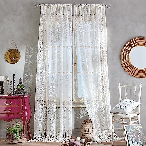CHF Ivory Boho Sheer Curtain Panel with Tassels