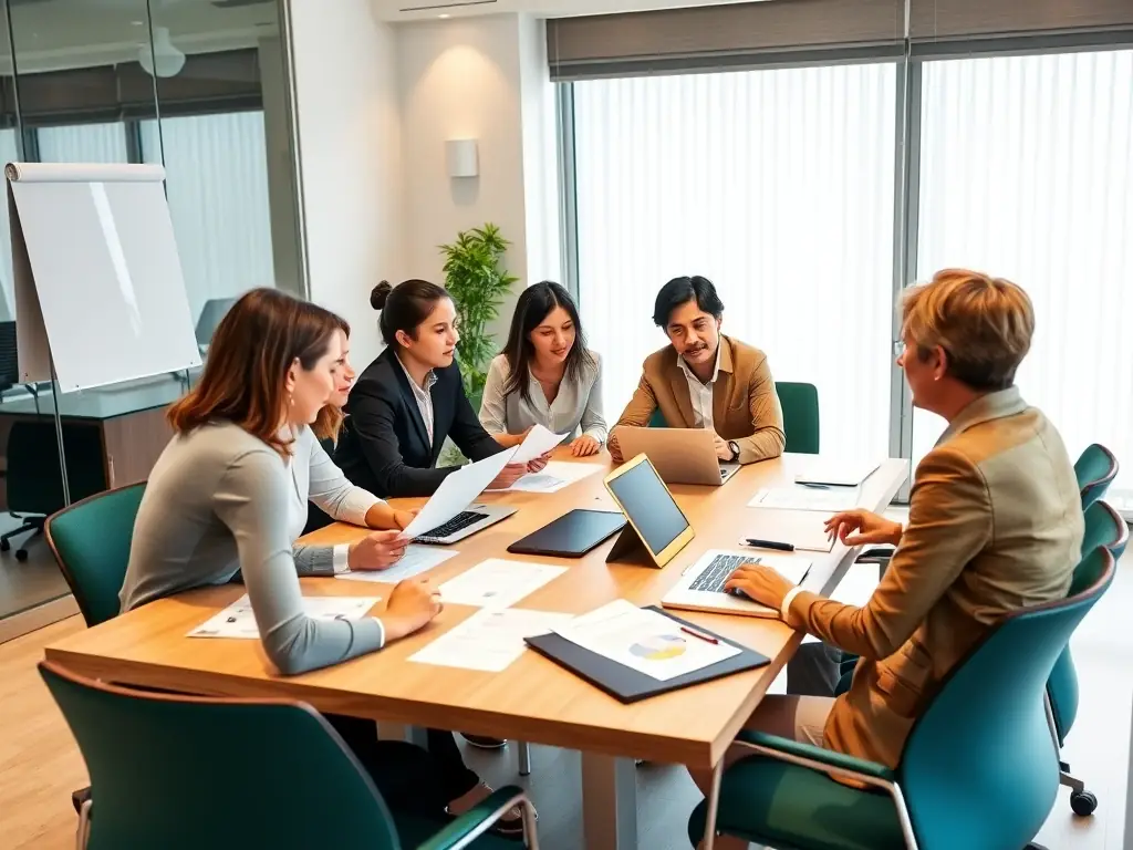 A team of consultants collaborating on a strategic plan in a boardroom, with a focus on market analysis and long-term objectives.
