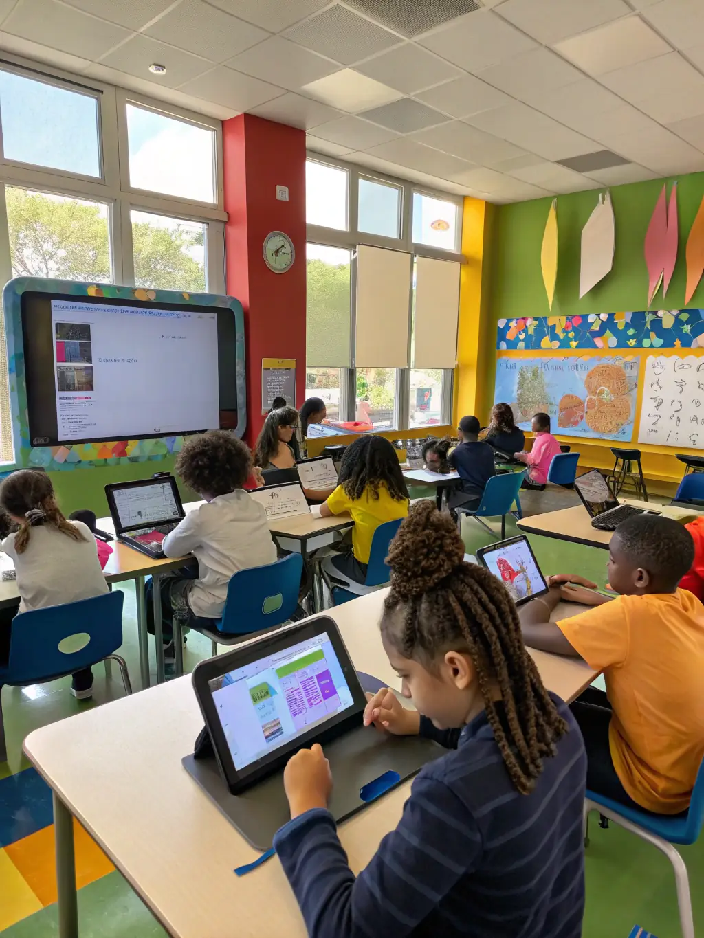 A classroom with students using tablets, representing the education sector's increasing adoption of digital learning tools.